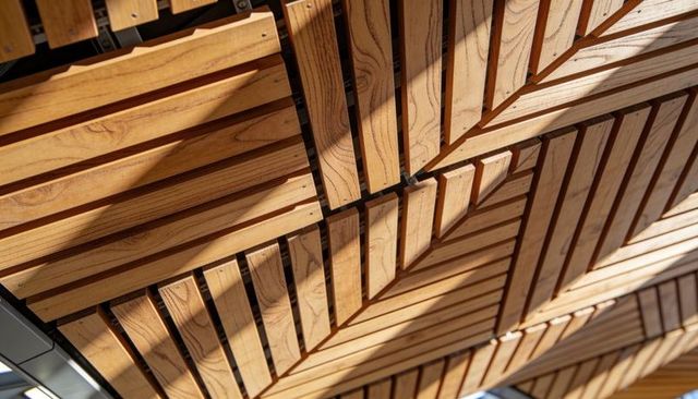 Glowing wooden slatted ceiling casting crisp diagonal shadows in modern pavilion interior