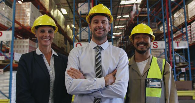 Three warehouse workers standing together while wearing protective gear, including hard hats, in an aisle surrounded by stocked shelves. Smiling confidently and demonstrating teamwork. Suitable for use in content related to logistics, industrial safety, team spirit, workplace environments, and warehouse management.