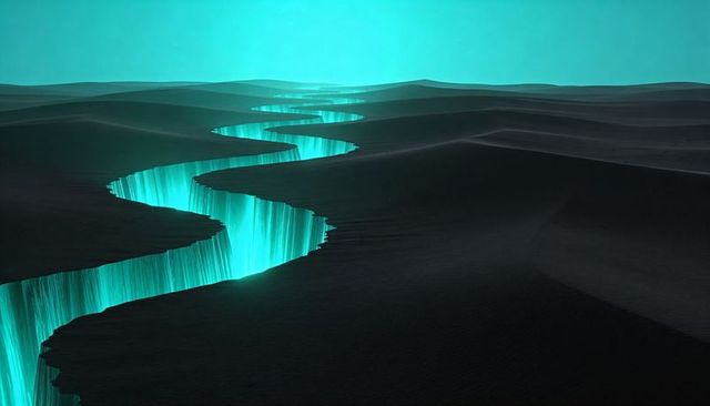 Glowing cyan fissure cutting through dark sand dunes under teal sky surreal minimalist