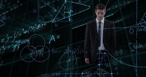 Businessman Analyzing Data with Virtual Mathematical Equations
