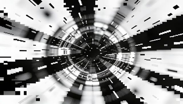 Rotating digital vortex with glitch pixels, monochrome concentric rings and futuristic tunnel