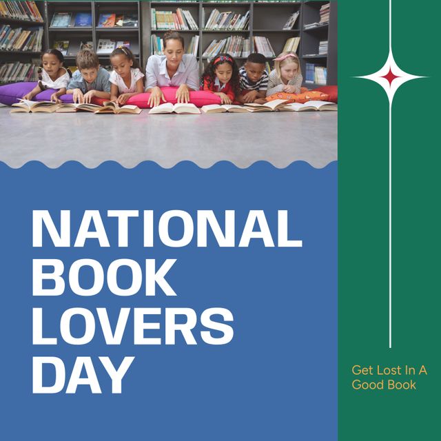 Image depicts a diverse group of children lying in a library next to a female teacher, all reading books. Ideal for promotions related to literacy, education, and reading programs. Perfect for content celebrating National Book Lovers Day or encouraging book readings and educational activities.
