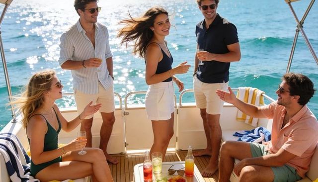 Friends enjoying yacht party on sunlit ocean deck, casual summer drinks and laughter