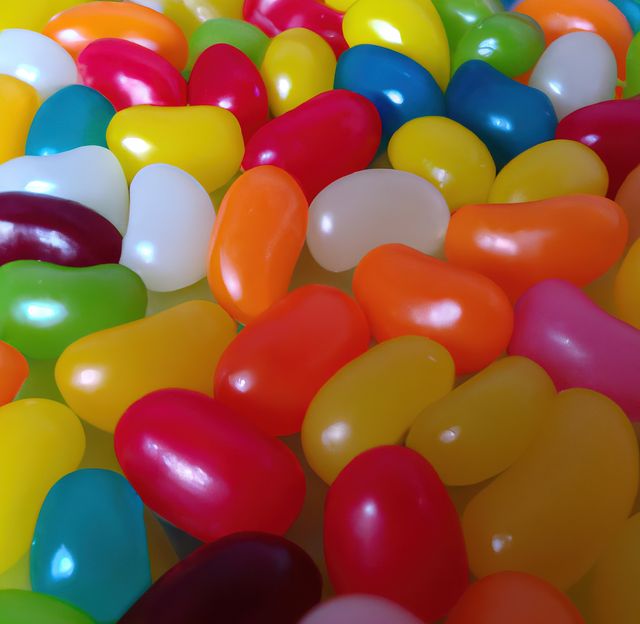 An assortment of colorful jelly beans in a close-up view, showcasing their bright and vibrant hues. Ideal for use in advertisements promoting candy stores, confectionery brands, or sugary treats. Perfect for backgrounds in social media posts, food blogs, or design projects focused on fun and sweetness.