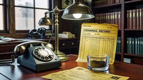 Scene in vintage detective office with criminal record document