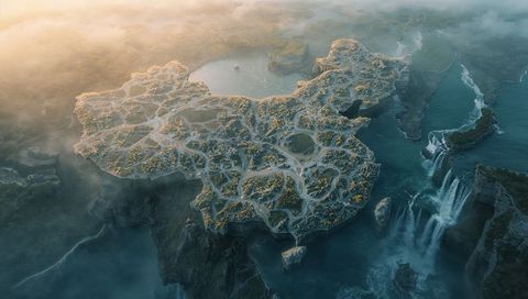 Aerial fantasy of china-shaped landmass over clouds