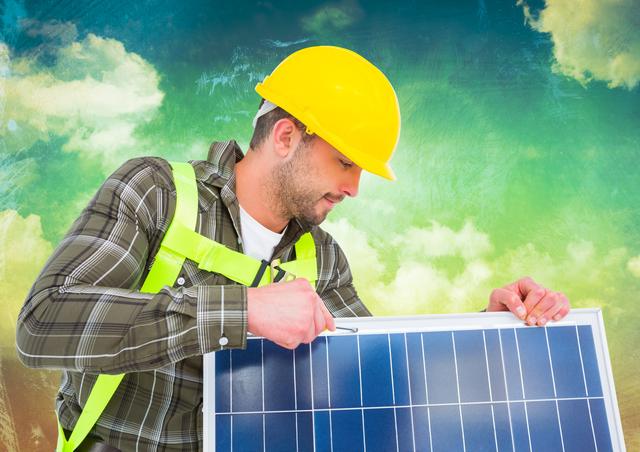 A male engineer in a hardhat inspecting a solar panel. He is dressed in work attire and appears focused on the panel. The vibrant sky and clouds in the background emphasize the theme of green and renewable energy. This can be used in websites and brochures promoting sustainability, renewable energy solutions, and green technology.