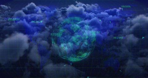 Holographic Rotating Globe Over Clouds Showing Geospatial Telemetry, Polygonal Neon Data