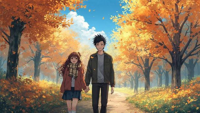 Autumn stroll: anime young couple walking hand-in-hand through sunlit maple forest
