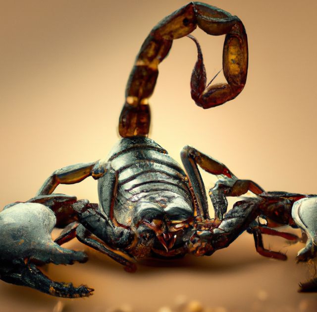 Image of close up of black scorpion on brown background. Dangerous animals, wildlife and nature concept.