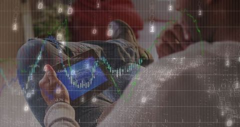 Man Relaxing with Smartphone Analyzing Financial Charts at Home