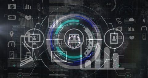 Futuristic hud interface depicting virtual network with technological icons