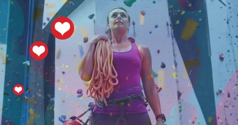 female climber standing confidently with climbing rope on indoor wall, surrounded by heart icons symbolizing passion for health and fitness. suitable for promotions on health and fitness trends, motivation for climbers, and sports lifestyle content.