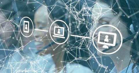 Customer service team coordinating with digital interface technology