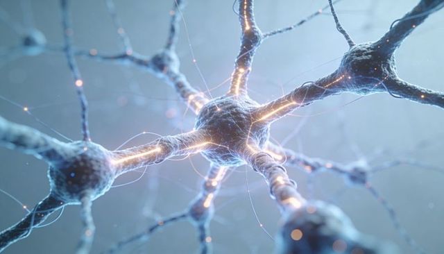 Microscopic neurons radiating glowing synapses and transmitting electrical signals