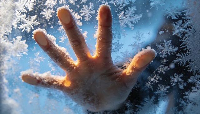Hand Pressing Frosted Pane with Backlit Fingers Creating Warm Glow Through Snowflakes