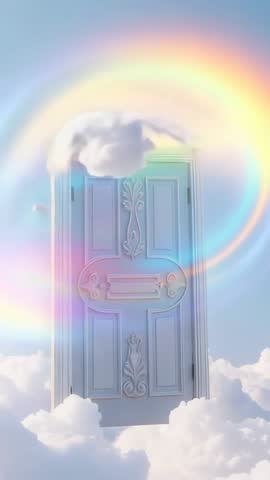 Floating ornate door hovering above clouds, rainbow aura shifting in dreamy vertical fantasy video