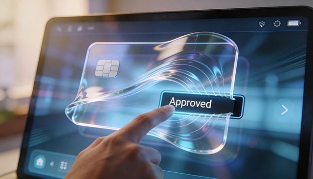 Tapping Finger Confirming Digital Payment with Holographic EMV Card and Approved Button