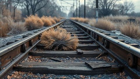Abandoned railroad tracks with tumbleweed in misty wilderness