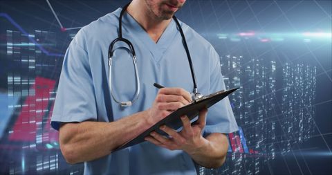 Doctor Analyzing Data with Digital Overlay and Stethoscope