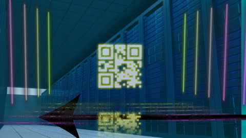 Neon QR Code in Futuristic Server Room Environment