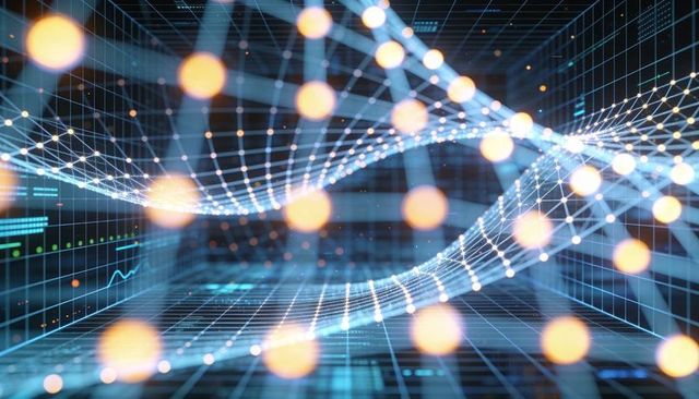 Sinuous data ribbon with glowing nodes over wireframe grid for ai and tech visualization