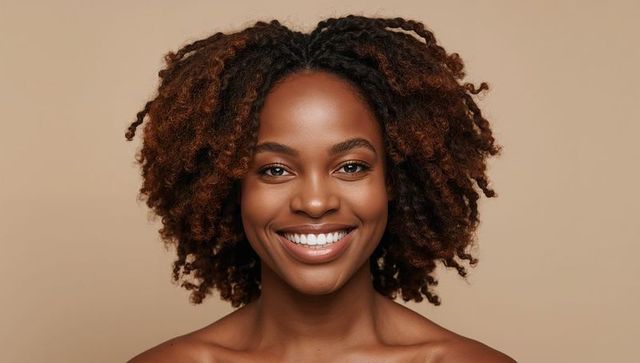 Smiling black woman headshot showing natural curly hair, radiant skin and warm beige tone