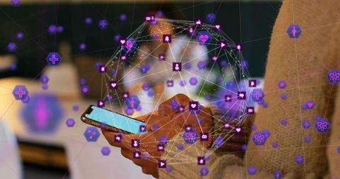 Woman holding phone tapping screen with augmented reality social network globe overlay