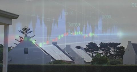 Row of white gabled houses featuring solar panels with financial market chart overlay