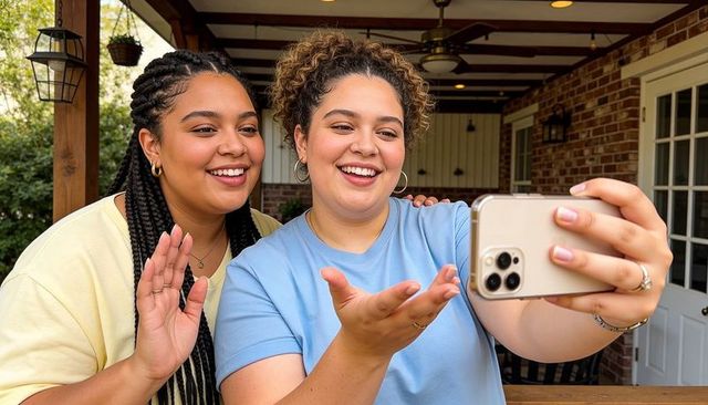 Casual friends smiling while taking selfie on covered wooden porch holding smartphone