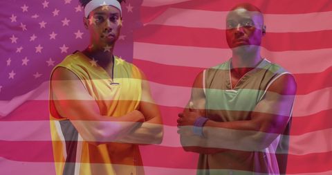 Basketball Players Against American Flag Background Depicting Patriotism