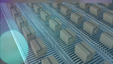 Cardboard Boxes on Conveyor Belt with Bokeh and Light Effects