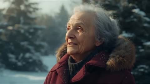 Elderly Woman Embracing Winter Serenity in Snowy Forest