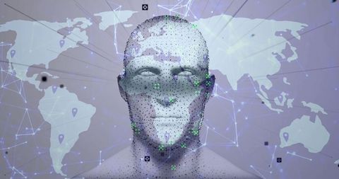 Futuristic 3D Human Head Technology with World Map Overlay