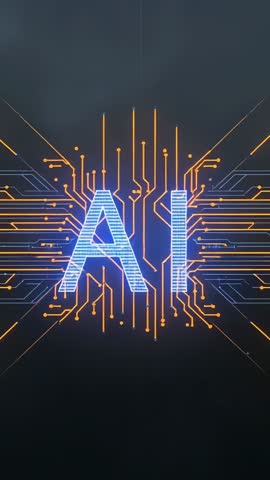 Vertical AI Circuit Animation Featuring Glowing Orange-Blue Circuitry Forming AI