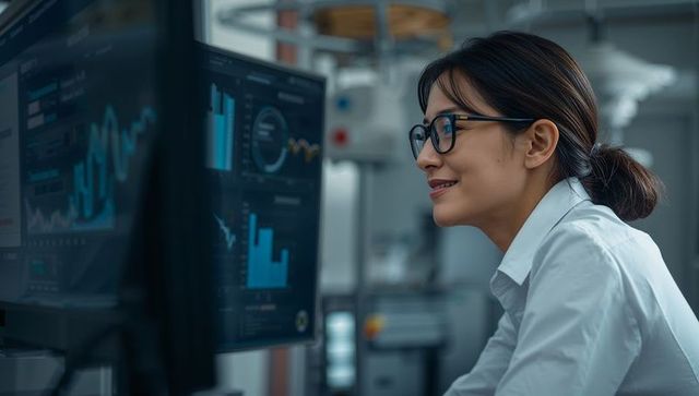 Asian woman analyzing data dashboards on monitors at high-tech laboratory workstation