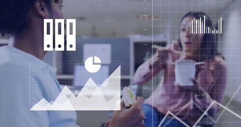 Coworkers Eating and Chatting in Office Breakroom with Data Visualization Overlays