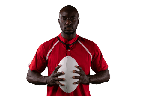 Transparent image of african american rugby player holding ball