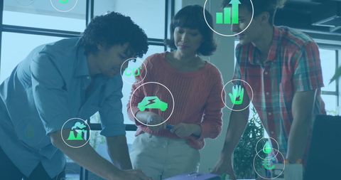 Diverse Team Discussing Environmental Solutions with Digital Overlay