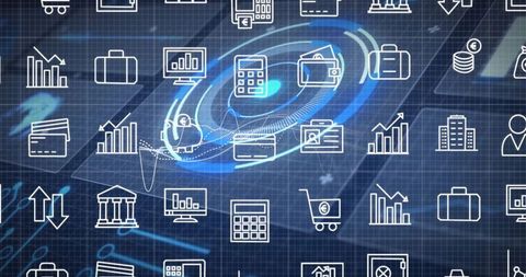 Fintech icons and data on smartphone in digital visualization