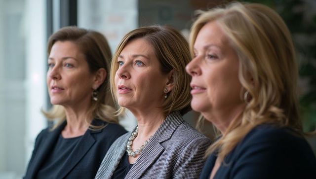 Three professional women listening attentively during corporate panel near window light