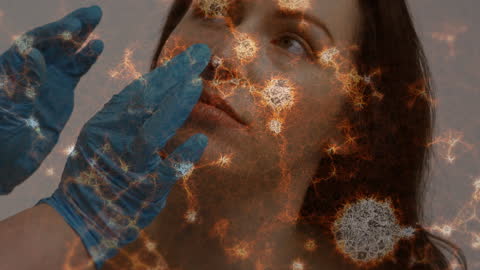 Overlay of Molecular Structures on Women's Face with Blue Gloves