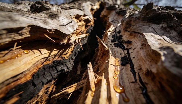 Sunlit split tree trunk with charred bark and amber resin droplets macro close-up texture