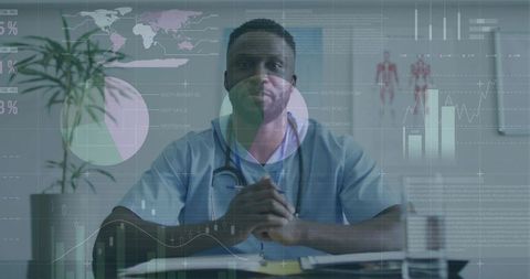 Clinician reviewing digital health analytics overlay seated at clinic desk, data charts