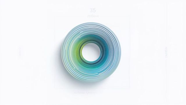 Spiraling chromatic torus sculpture showing green to blue gradient on clean white backdrop