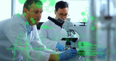 Scientists placing microscope slide and testing sample with augmented reality overlays