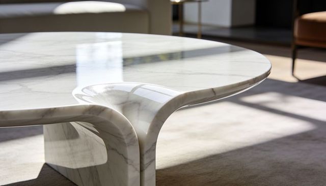 Sculptural white marble coffee table with curved base reflecting sunlight