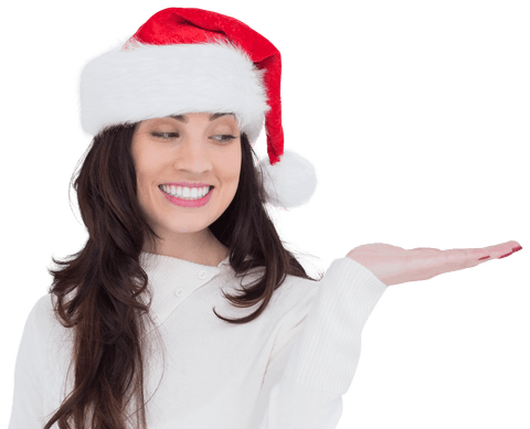 Woman in Santa Hat Gesturing Transparent Offering