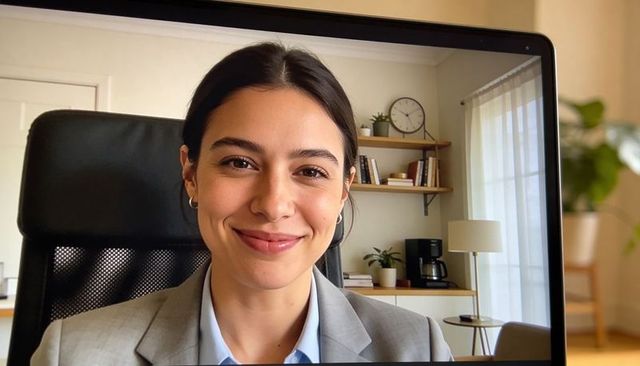Smiling businesswoman speaking on laptop from home office during virtual meeting