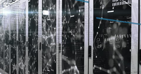 Futuristic Server Room with Math Equations Overlay